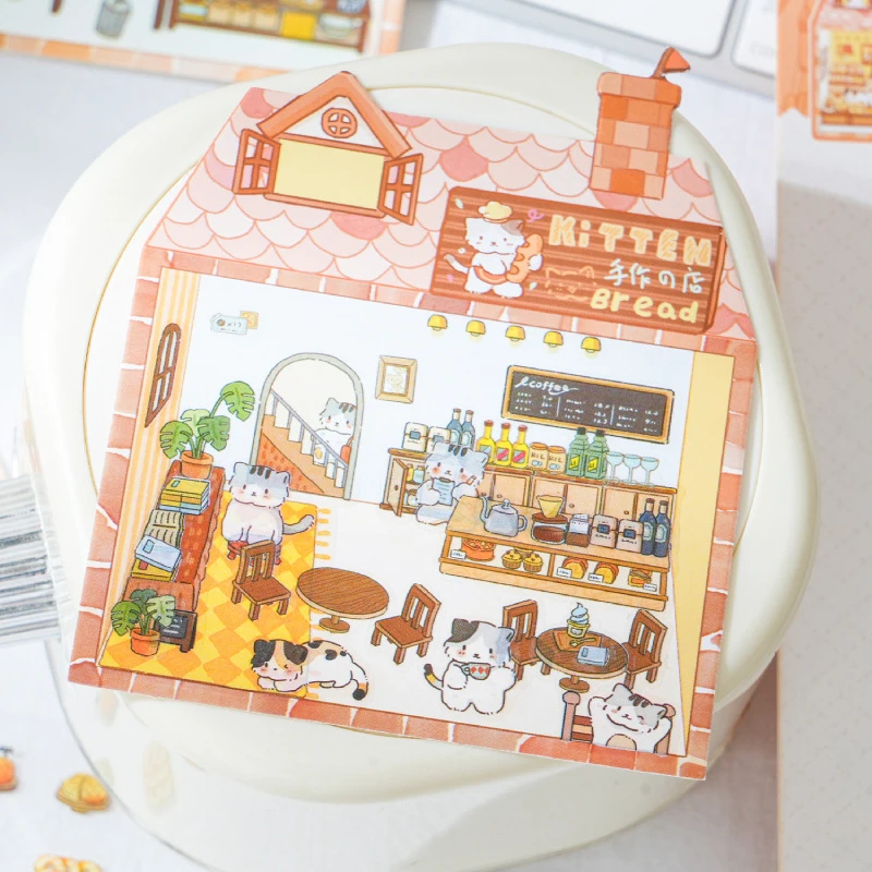 1Set Three-Dimensional Landscaping Handbook Stickers Cute Cartoon Kitten Bread House Stickers Scene Cabin Stacking Stickers