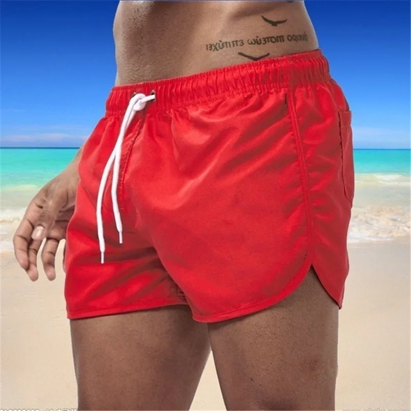 Calça de praia de verão masculina, tubo de cor sólida, secagem rápida, cordão solto, shorts esportivos, natação, nova, 3 minutos