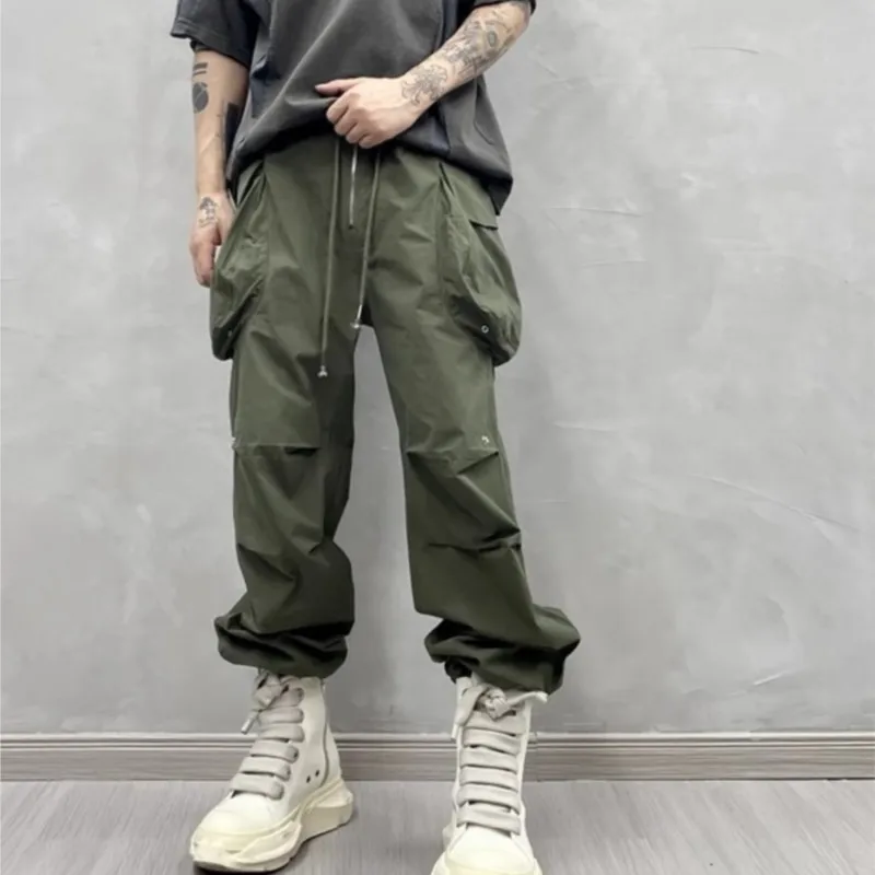 American Style Trend Loose Casual Working Pants Fashion Army Green Retro Pants Japanese Drawstring Big Pocket Paratrooper Pants