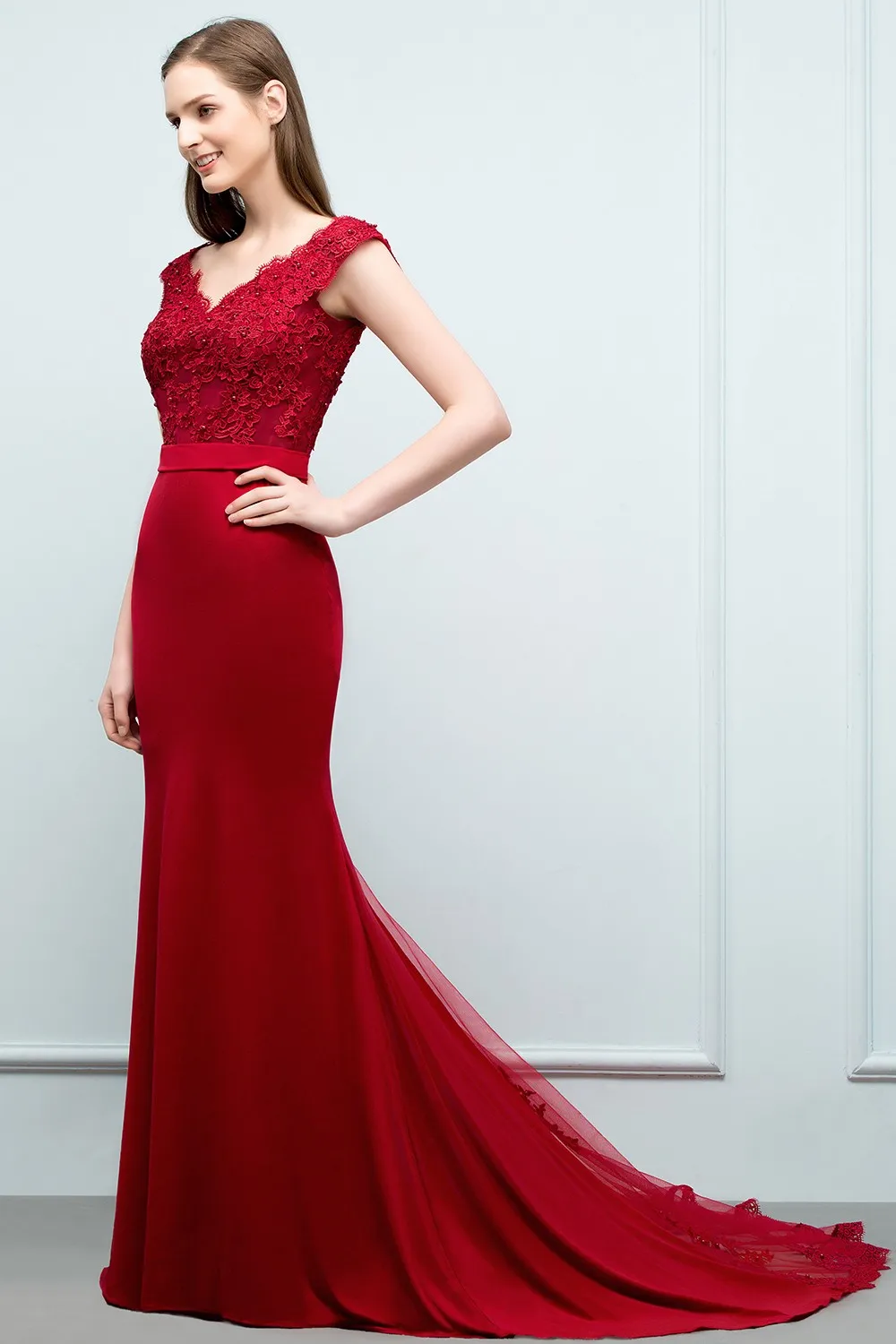 2024 Elegant Burgundy Evening Dress V Neck Appliques Mermaid Dress Sexy Bridal Dress For Wedding Formal Party