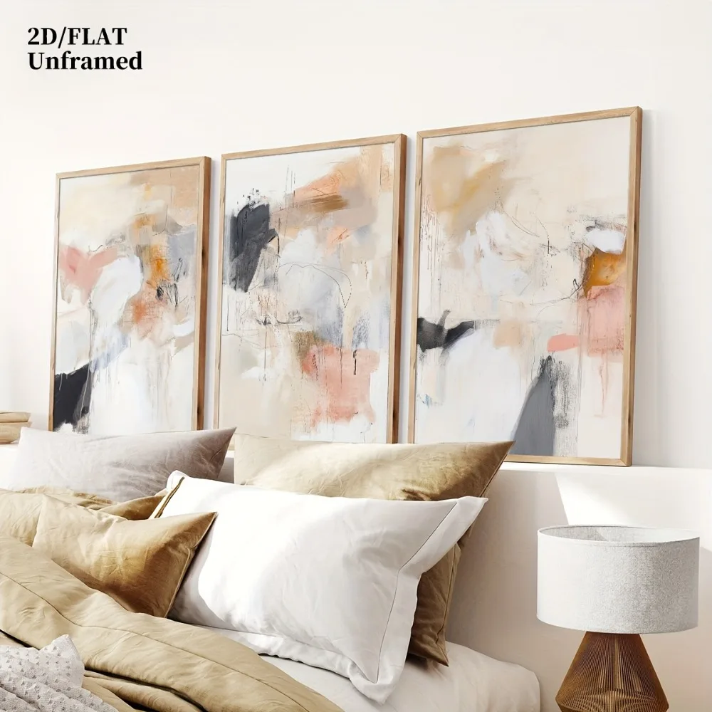 3pcs Frameless,Neutral Beige Blush Pink Abstract Line Wall Decor Art Painting,Dreamy Abstract Geometric Canvas Poster,Room Decor