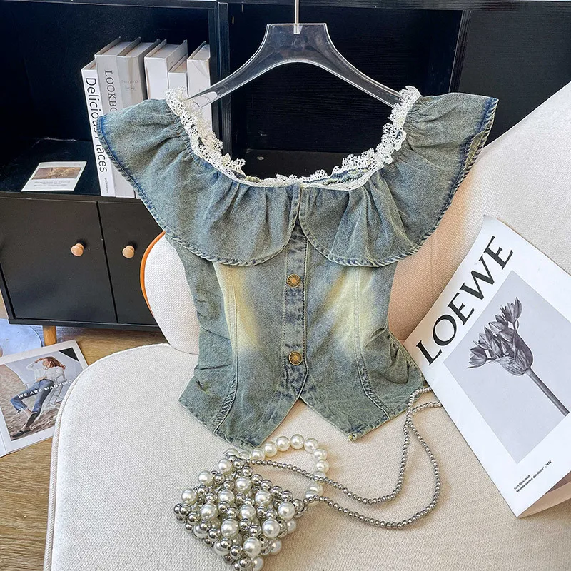 

Women's Denim Blouse Slash Neck Ruffles Short Sleeve Slim Solid Color Shirt 2024 Summer New Fashion