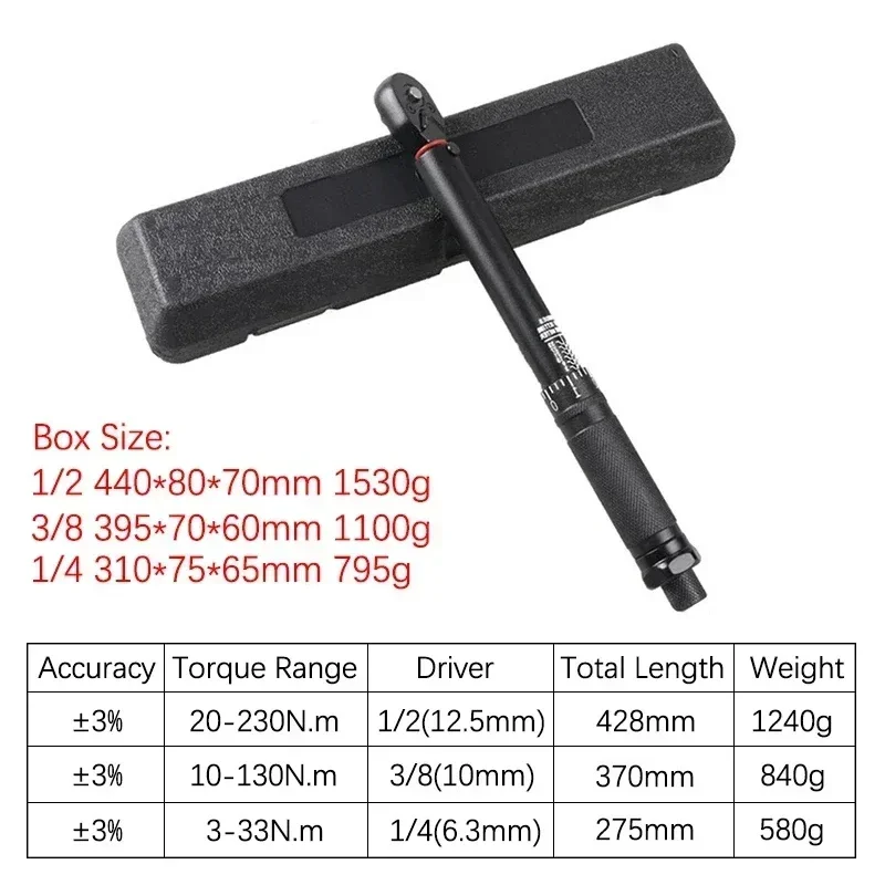 Llave dinamométrica de 2-230N.m, tubo redondo, alta precisión, ajustable, 1/2 \'\', 3/8\'\', 1/4\'\', llave dinamométrica, herramientas manuales