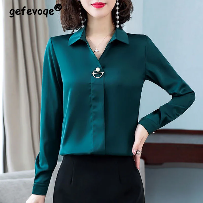 Commuter Office Lady All-match Solid Color Blouse Fashion Spring New Women\'s Long Sleeve Button Korean Turn-down Collar Shirt