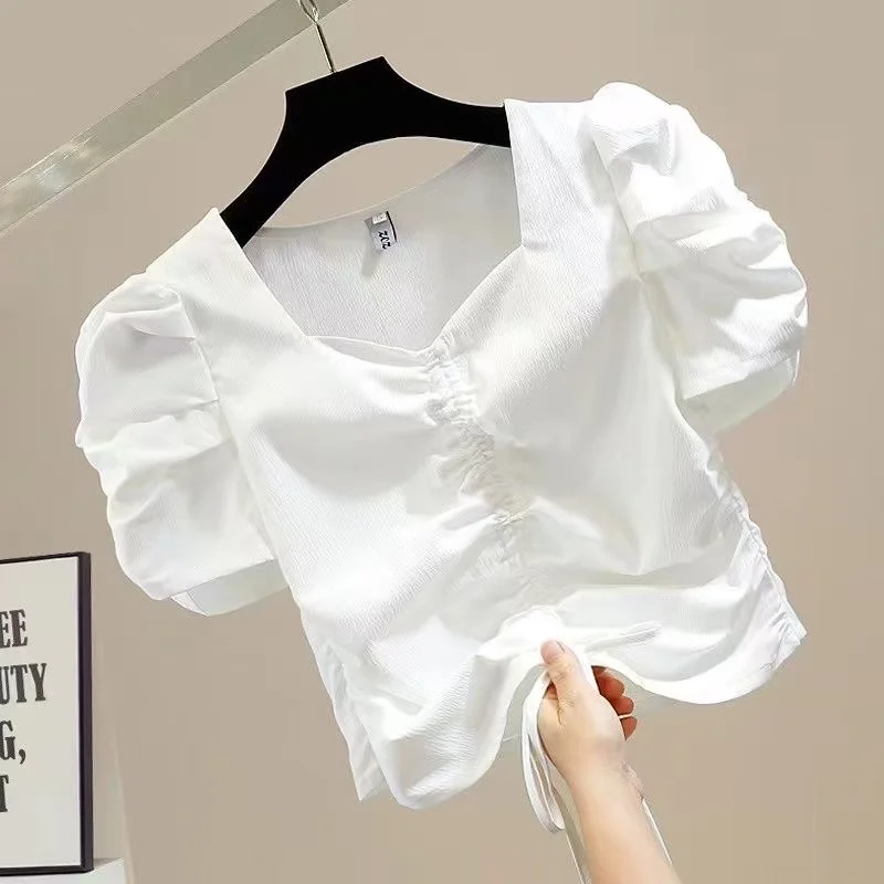 

Girls' Summer New Drawstring Shirt Korean Version Bubble Short Sleeved Square Neck Slim Fit Pullover Versatile 100-170CM