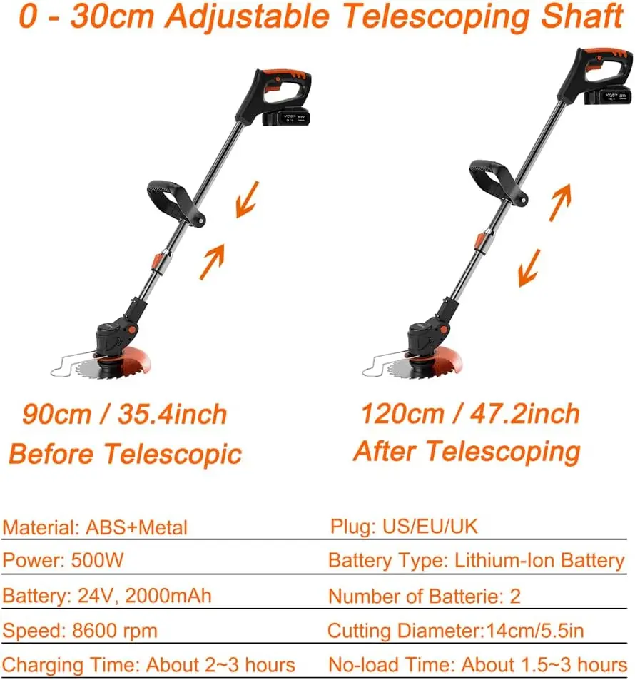 Lawn Mower Weed Wacker 24V Brush Cutter Electric Weed Wacker Cordless String Trimmer with 2 Batteries Charger 3 Types Blades