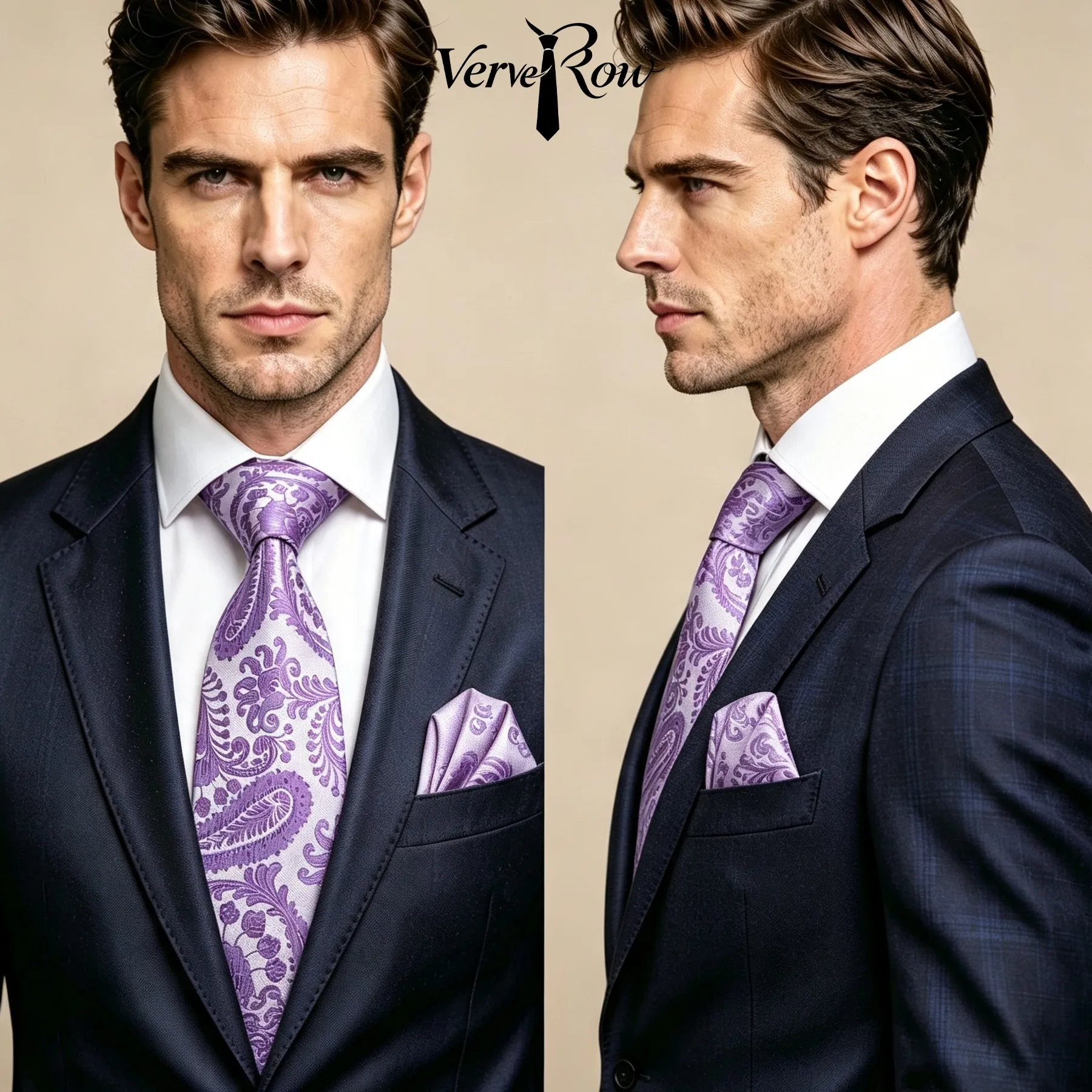 VERVEROW Men Light Purple Paisley Jacquard Necktie Pocket Square Set Elegant Formal Tie Handkerchief Suit