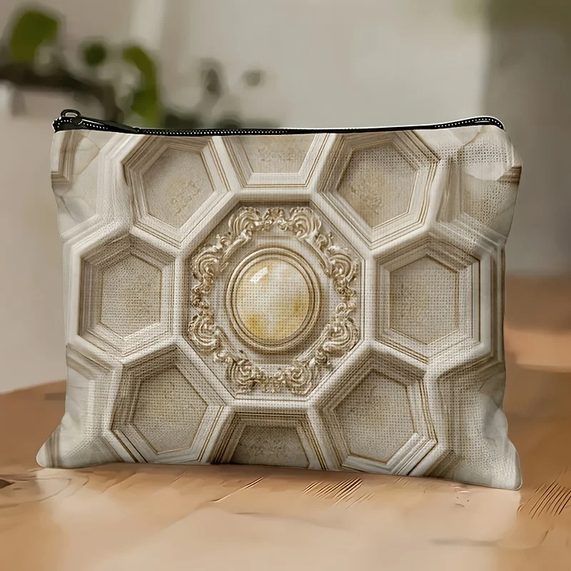 1 Piece of Off-White Embossed -Classical Carved Cosmetic Bag - Multifunctional Zipper Bag for Women, Perfect Travel Zipper Storage Bag, Fun Birthday Gift