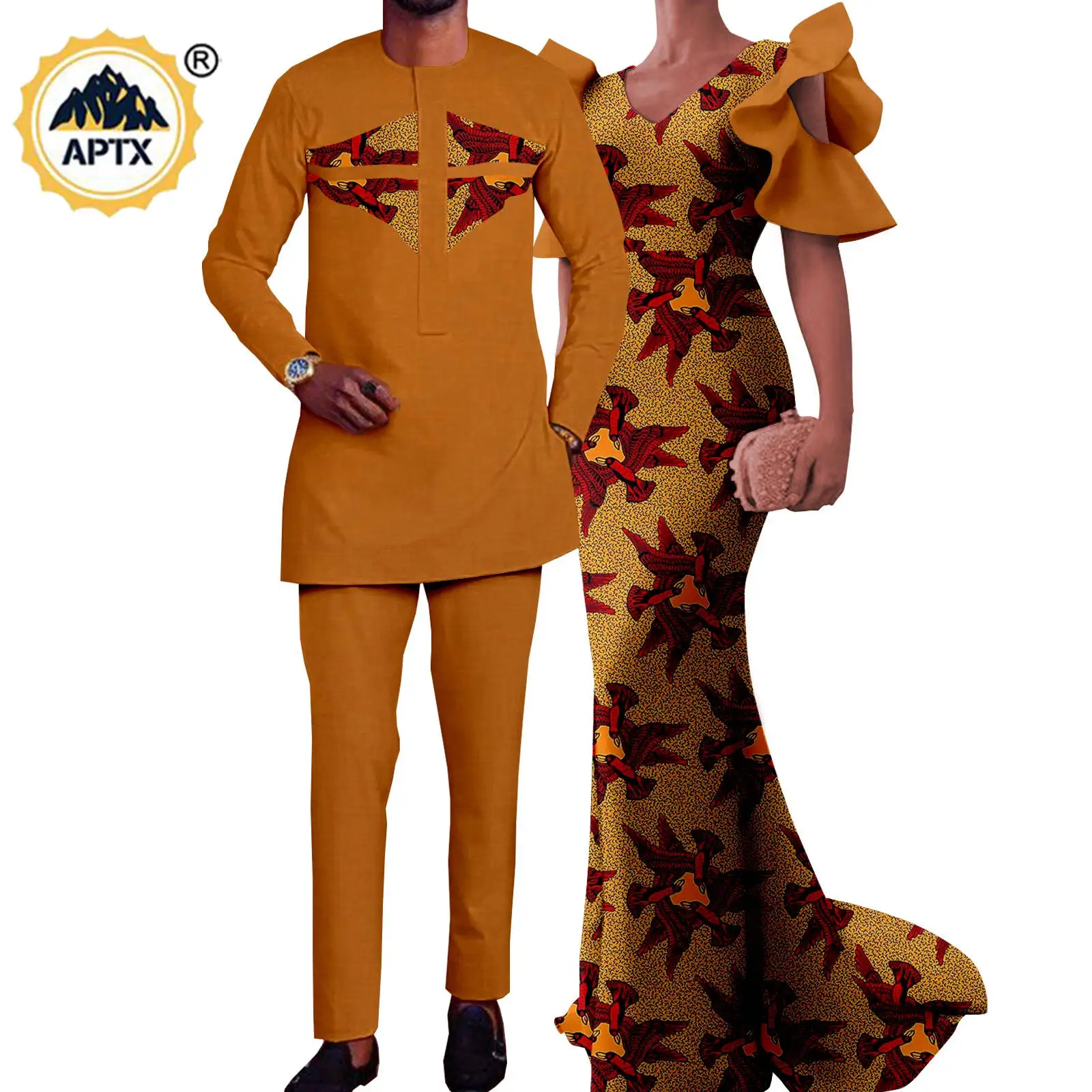 African Couple Matching Clothes Print Long Mermaid Dresses for Women Vestidos Dashiki Men Outfits Shirt and Pant Sets Y23C080