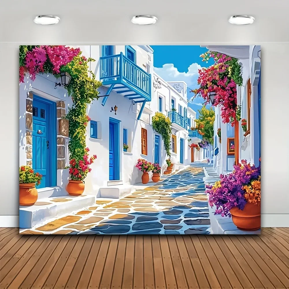 1 Piece Mediterranean Town Scenery Tapestry-Polyester Material, Ideal for Living Room & Bedroom Decoration-with Installation Kit