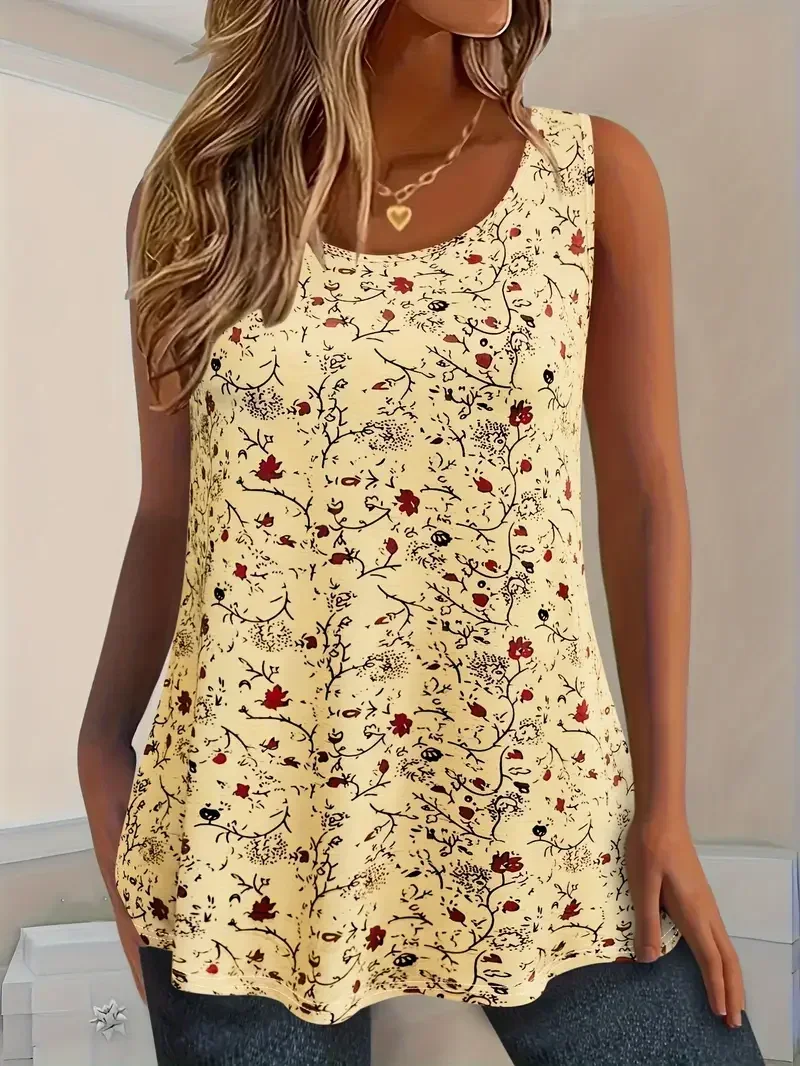 

Plus Size 1XL-5XL New Women's Casual Summer Small Floral Print Tank Top Ladies Casual Sleeveless Crew Neck Casual Tank Top