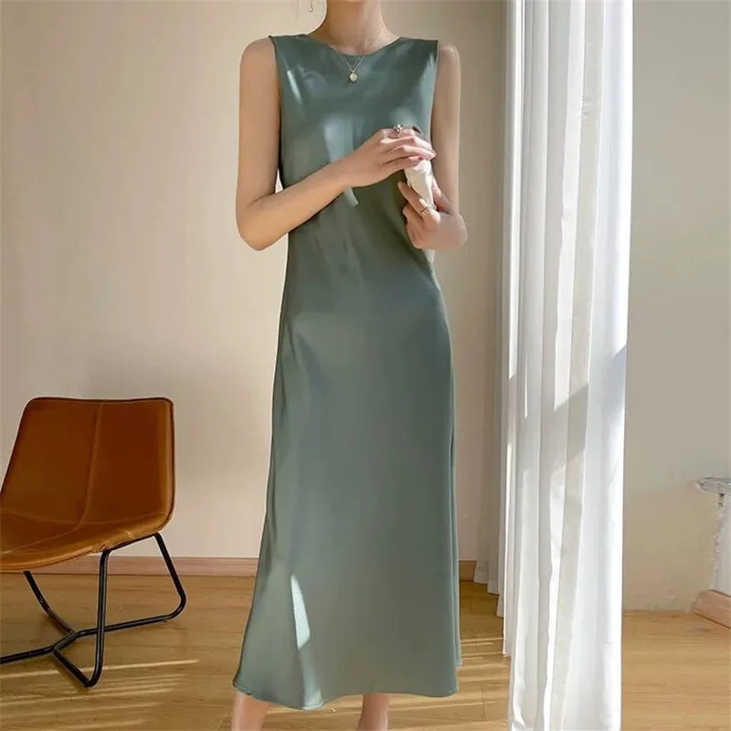 Fashion Elegant Women\'s Acetate satin Dresses Sexy artificial silk Sleeveless Evening Party Dress Female Robe long maxi Sundress