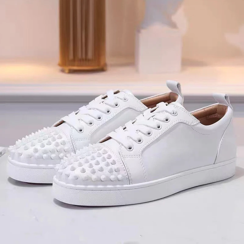big size men fashion rivets shoes black white original leather flats shoe hip hop punk personality platform studded sneakers man