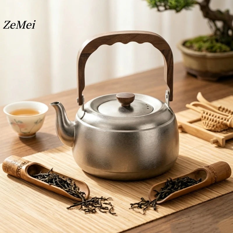 Portable Pure Titanium Coffee Pot,Home Silver Oval Shape Teaware 1 L Solid Wood Handle Boil Water Kettle,Camping Titanium Teapot
