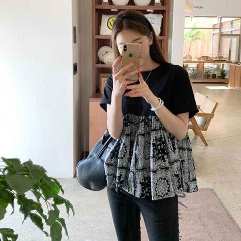 

plus Size Women's T-shirt Summer Flounce A-line Puffy Short Sleeve Midi Dress Style Korean Loose Fit round Neck Top