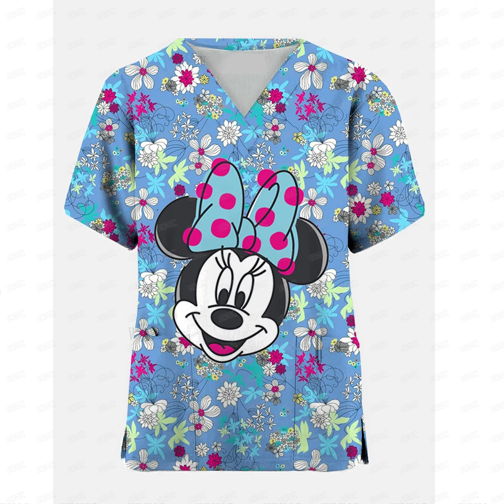 

Miniso Disney Mickey Mouse Scrub Tops Women Short Sleeve V-neck Tops Nurse Uniform Cartoon Print Working Blouse Ladies uniform