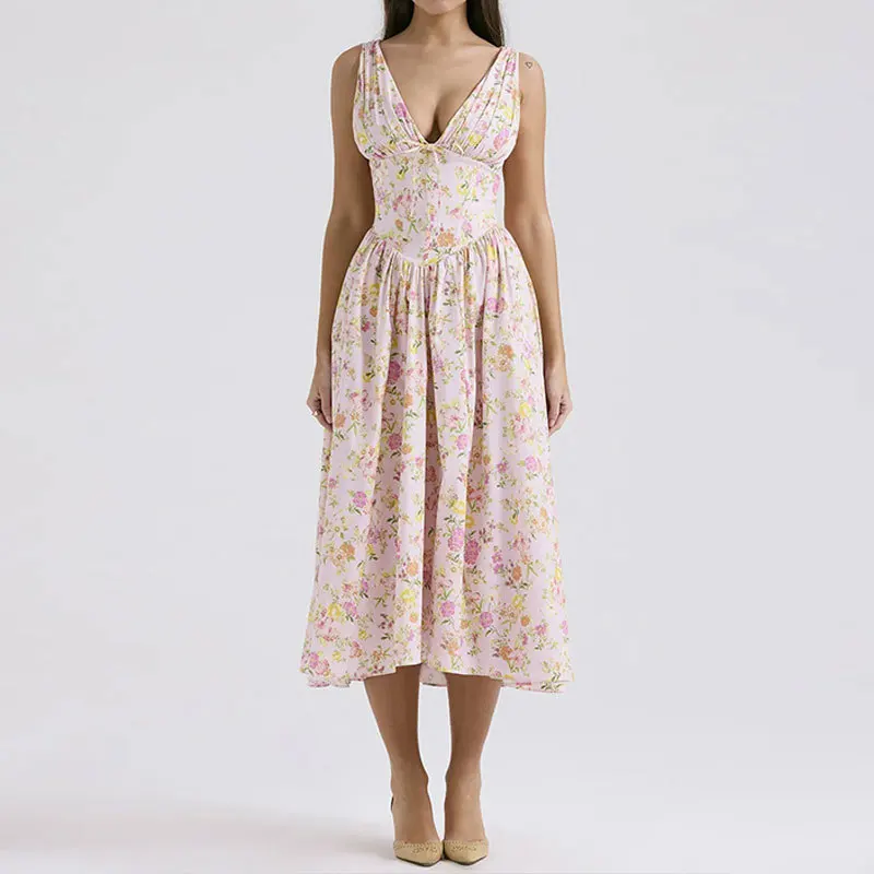 VEITCHE Summer Women Dress Sexy Deep V Neck Party Flowers Print Sleeveless Slim Midi Tank Dresses Beach Vacation Vestidos