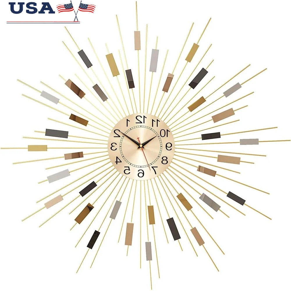 

Starburst Modern Wall Clock 23.6 Inch Large Metal Silent Quartz Clock Decorative Home Living Room Battery Operated Sunburst
