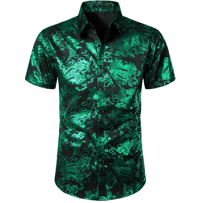 Men\'s Luxury Stylish Slim Fit Shirts 3d Full Print Gold Flower Button Up Dress Shirt For Men Summer Short Sleeve Tee Tops