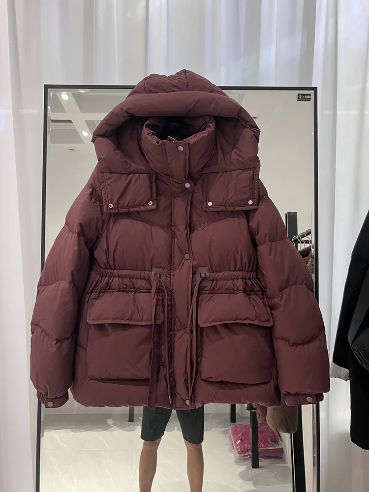 Korean version fashion hooded waist cinching slimming big pocket white duck down jacket women's trendy new down jacket