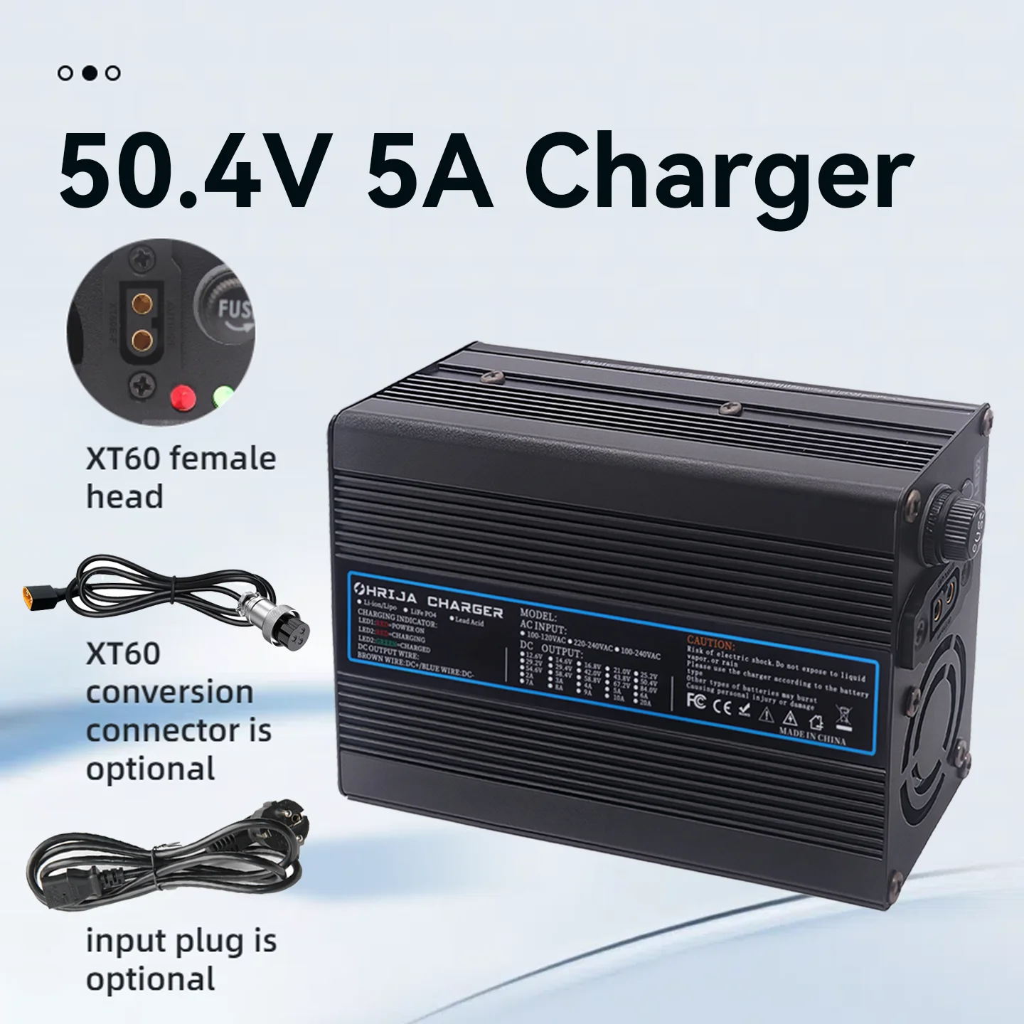 

50.4V 5A Lithium Battery charger quick aluminum shell suitable for 12 string 44.4V Charger detachable connector plug is optional