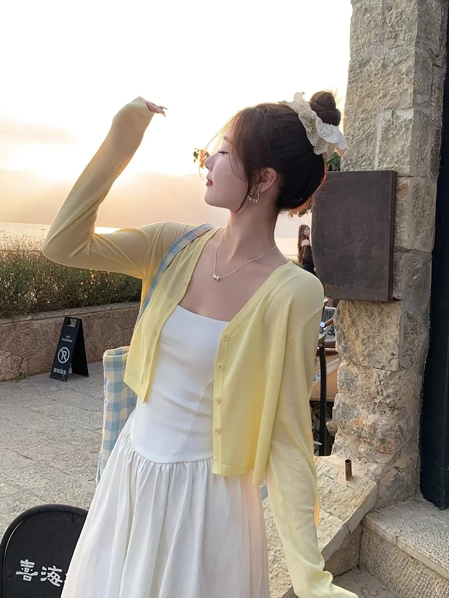 

Dopne Yellow Knitted Cardigan with Strap Small Outer Cover Summer Sun Protection Knitted Jaet Top Casual Sle Regular F...