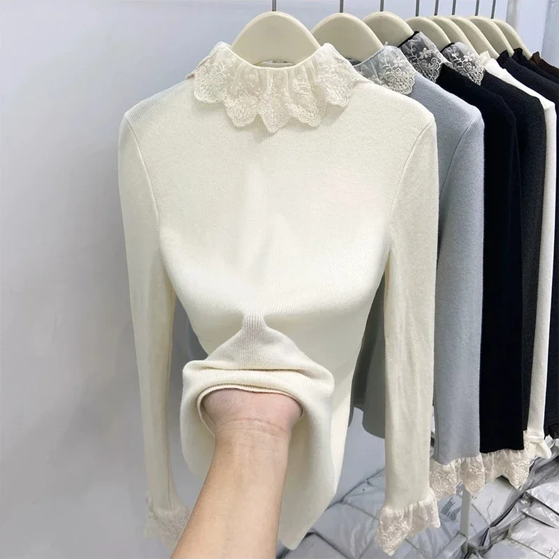 Women's Lace Collar Knit Stretch Sweater Long Sleeve Slim Pullover Top Lace Cuff Detail Soft Warm Elastic Knitted Blouse Outfits