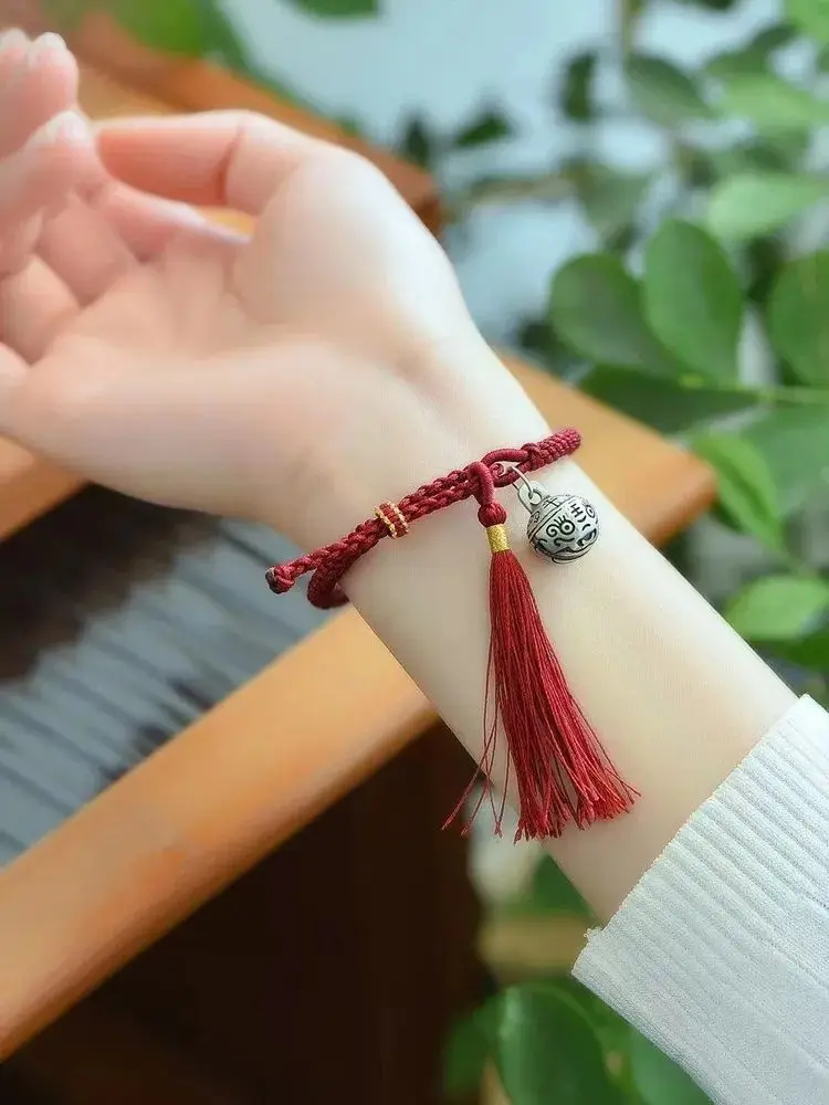 

S Sterling Sier Gold Swallowing Beast Bell Charms Red Bracelet Ethnic Style Hand-Woven Tassel Hand Rope Gift For Women