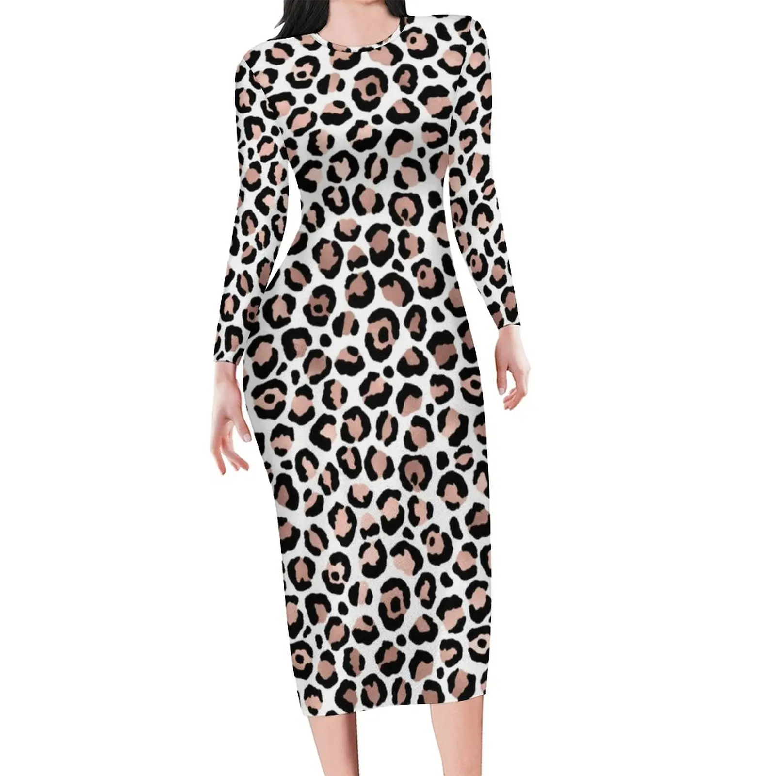 Trendy Cheetah Animal Dress Women Rose Gold and Black Leopard Print Aesthetic Bodycon Dress Summer Long Sleeve Pretty Dresses