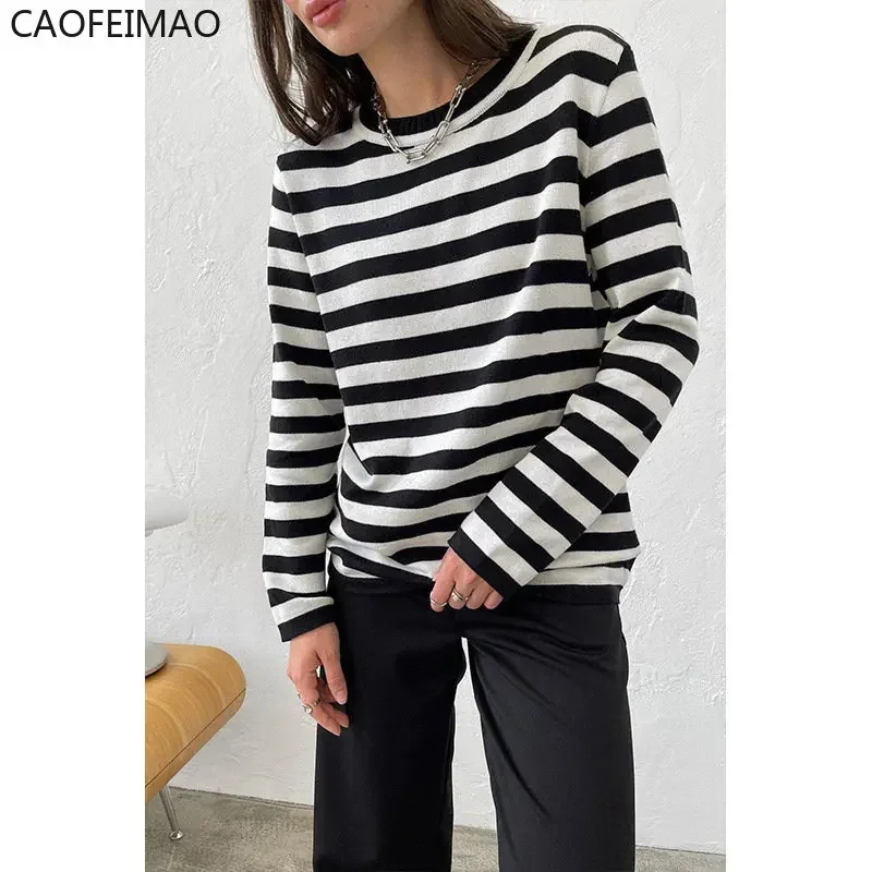 2025 New Caofeimao  Women O Neck Stripped Sweater Knitted Casual Pullover Stylish Jumper Autumn Winter High Street Tops Knitwear