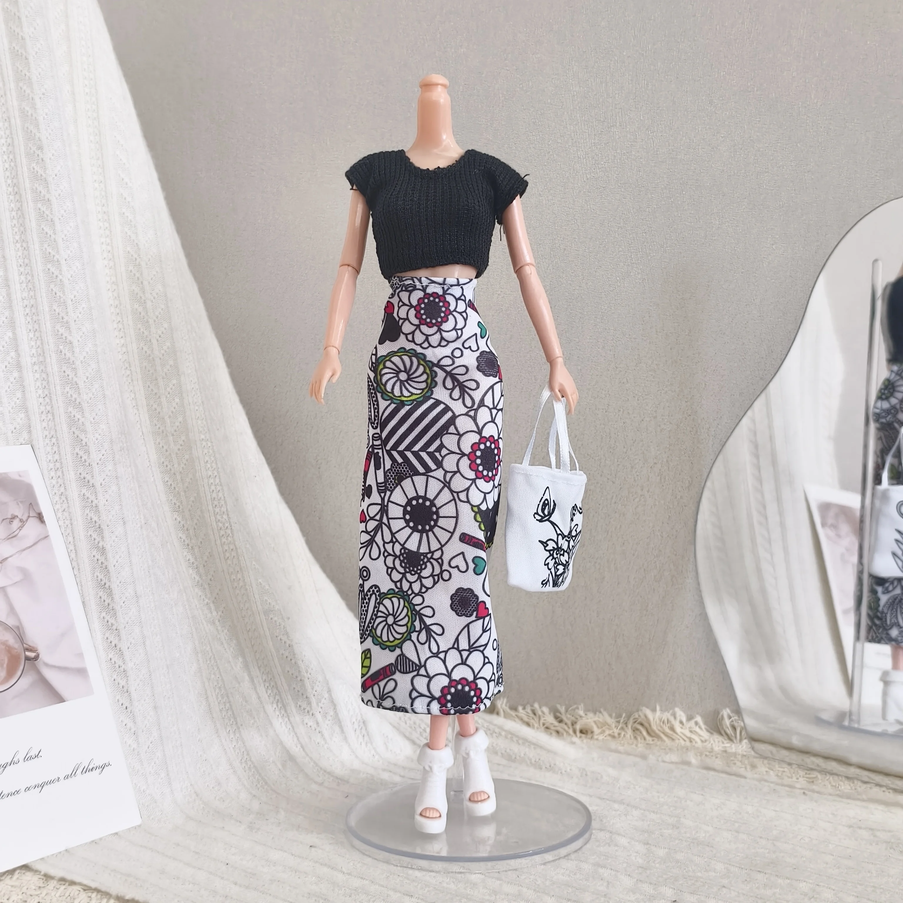 Holiday Ethnic-style Simple Black Top+floral Print Skirt+Handbag Set For 1/6 Babi Xianxian Supermodel Doll Dress Up Clothes Part