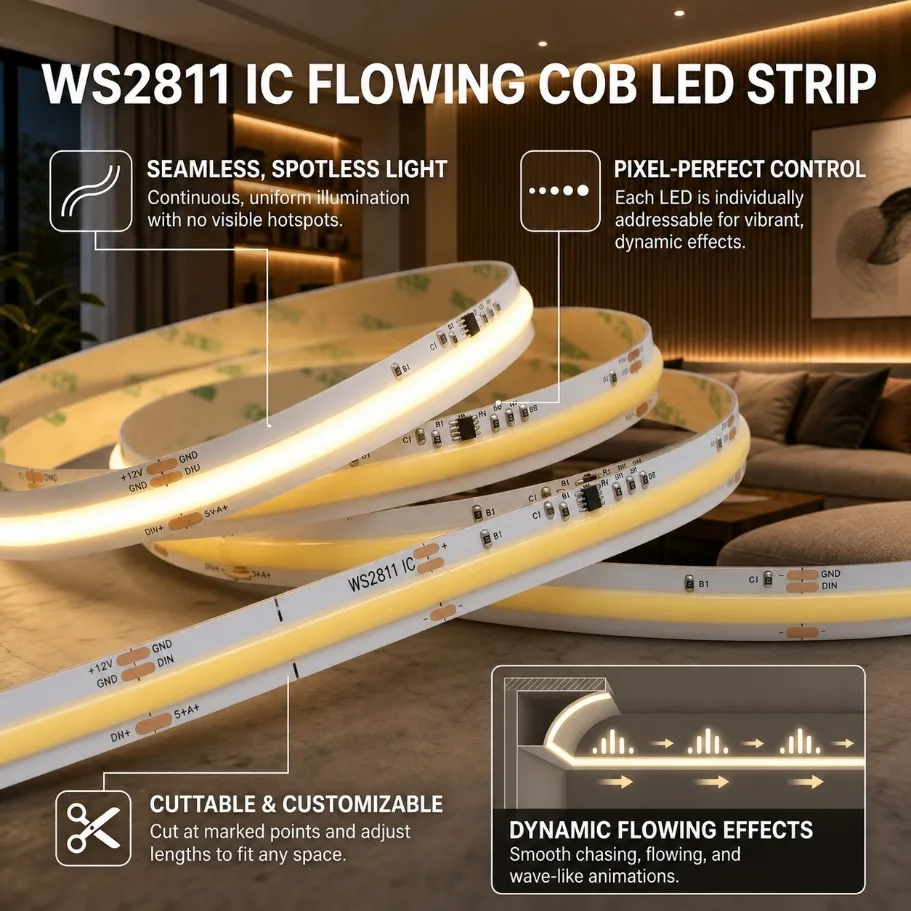 DC24V WS2811 Addressable COB LED Strip 360LEDs/m RA90 3000K/4000K/6000K High Density Running Water Flowing Light Flexible Tape