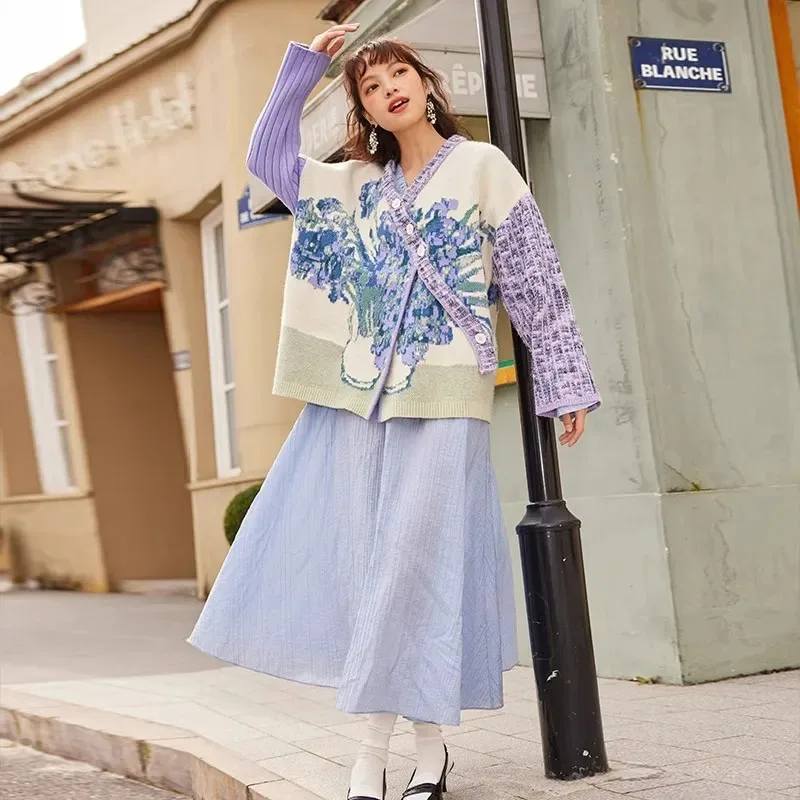 Art Starry Night Flower Sea 2024 Spring New Oil Painting Pattern Hypotenuse Button Cardigan Comfortable Soft Sweater Coat Woman