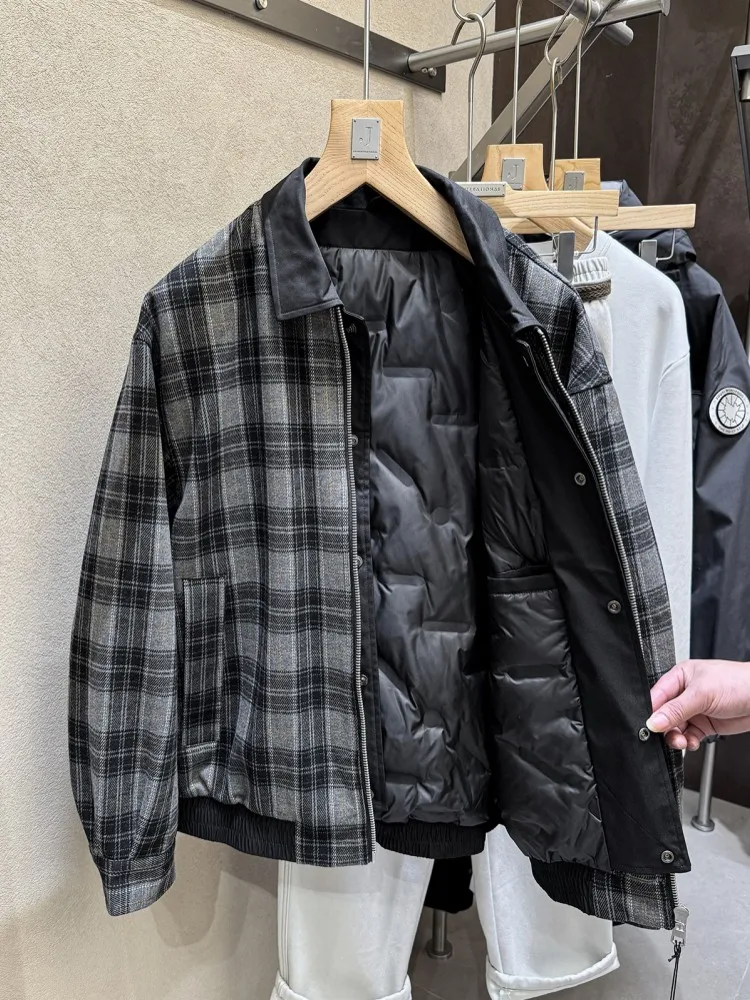 Winter Male Turn Down Collar Zipper Grid Spliced Fake Two Piece Overcoat Thick Warm Loose Fit Down Jacket Outwear Coat Business
