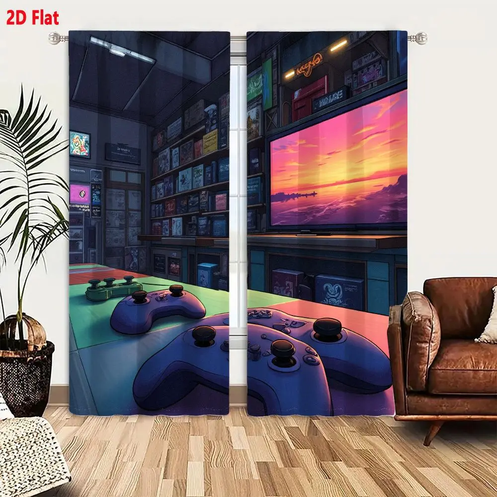 2Pcs Curtains 2D Flat Anime - Style Gaming Room With Purple Controllers Green Hues Sunset TV Neon Kappa Sign & Gaming Equipment