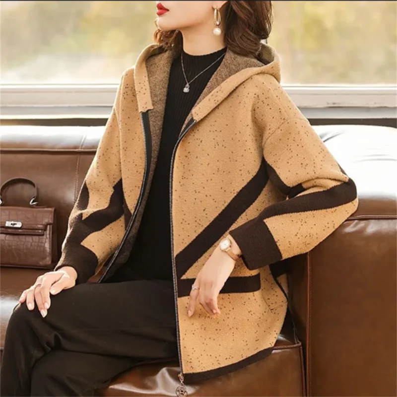 

Двусторонняя шерстяная куртка для женщин, пальто с капюшоном, верхняя одежда, короткая свободная тканевая куртка, теплая женская одежда, пальто, толстовка на молнии