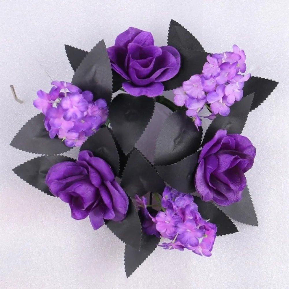 

Purple Halloween Candlestick Wreath Spooky Realistic Artificial Rose Flowers with Leaves Halloween Candle Rings Dining Table