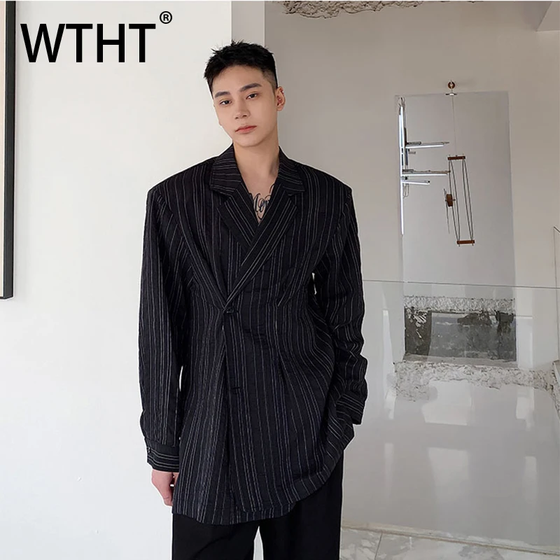 

WTHT модные мужские полосатые свободные рубашки с лацканами в корейском стиле, модные осенние однобортные топы с длинными рукавами 202, мужские 2A1598