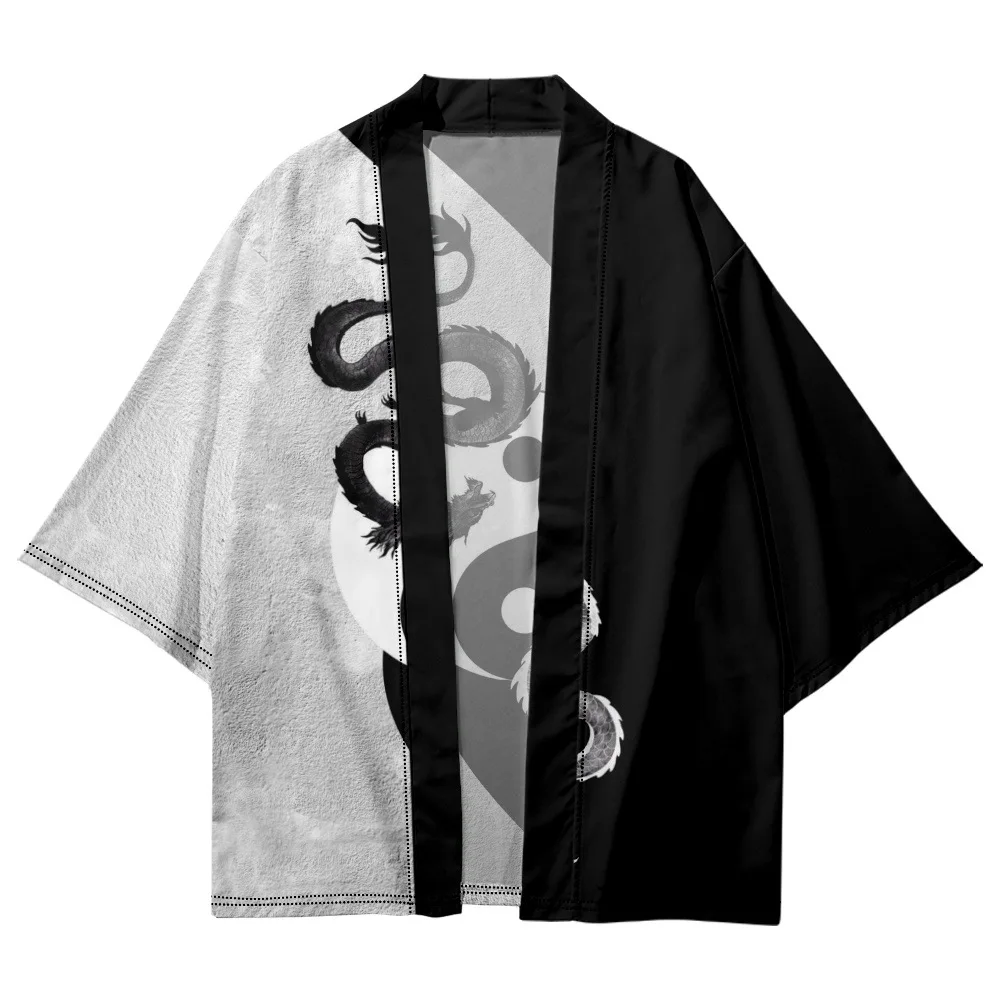 Japanese Style Dragon Print Black White Kimono Casual Beach Cardigan Tops Women Men Streetwear Samurai Haori Asian Clothing