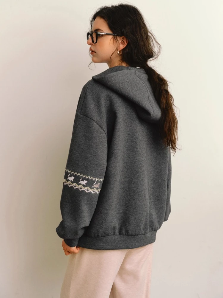 OLrain Lazy Casual Fair Isle Grey Hoodies Women  2025 Autumn New Loose Soft Streetwear Y2K Chic Zip Up Coat O57QW001165