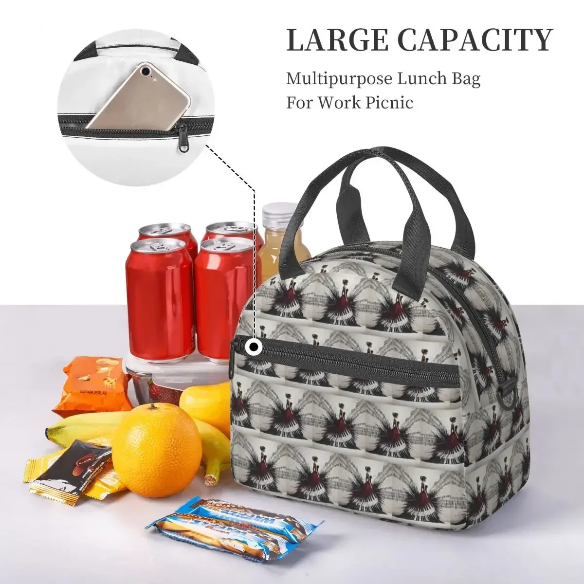 Beautiful Lady Piano Musical Notes, Wavy Dress Insulated Lunch Bag for Women Picnic Storage Food Boxes Cooler Thermal Lunch Box