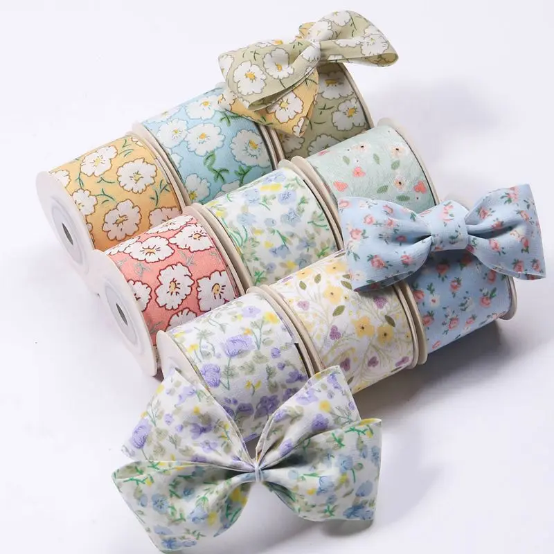 5yards Elegant Pastoral Flower Printed Ribbon for Clothing Sewing Supplies DIY Hair Bows Gift Wrapping Craft Accessories