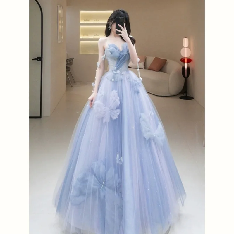 

Голубое платье Quinceanera без бретелек с бисером, трапециевидное платье длиной до пола, платья принцессы с драпировкой из тюля сзади, женское платье для выпускного вечера на шнуровке