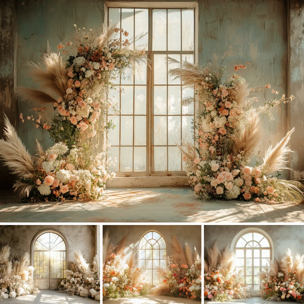 Wedding Backdrop for Photography Flowers Curtain Window Bridal Shower Bride Portrait Photo Background Photo Studio Photobooth