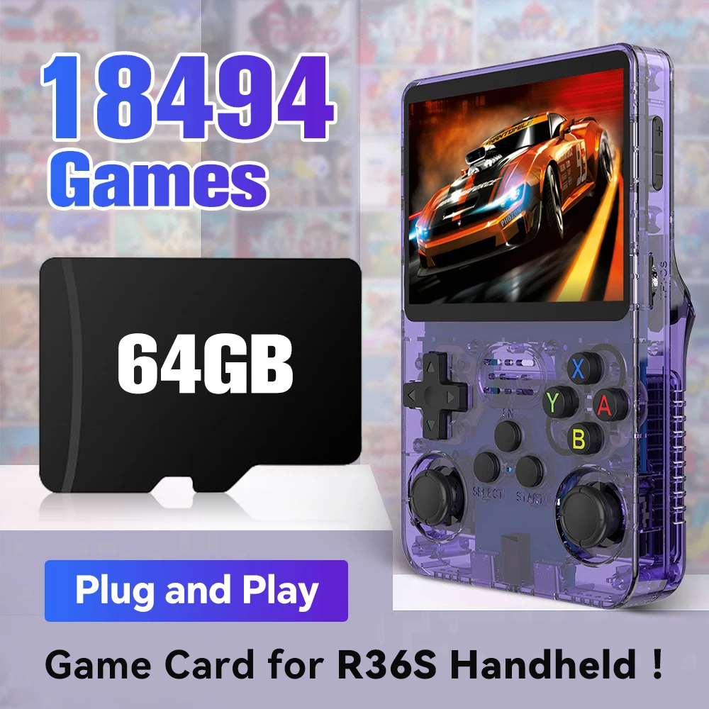 

64G Game Card for R36S Handheld Portable Pocket Game Console with 18494 Games for PS1/PSP/SS/DC/N64/NES/SNES/NDS 20+Emulators