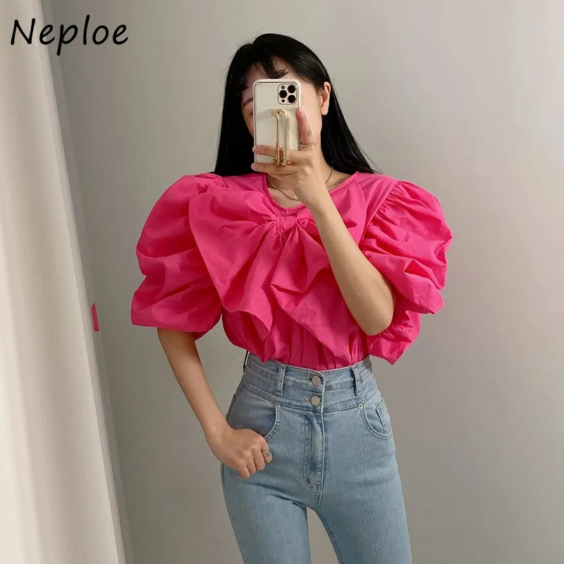 Neploe Korean Fashion Western Style Shirt Femme Solid Color Versatile Pleated Bowknot Decoration Blouse Sweet Puff Sleeve Blusa