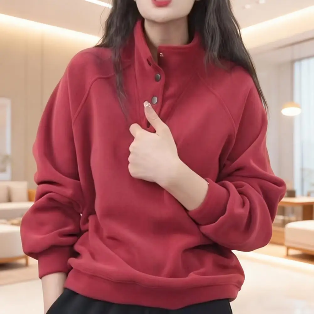 Women Polyester Sweatshirt Women Sweatshirt Women’s Fleece Sweatshirt Pullover Long Sleeve Button-up Top Stand Collar for Fall