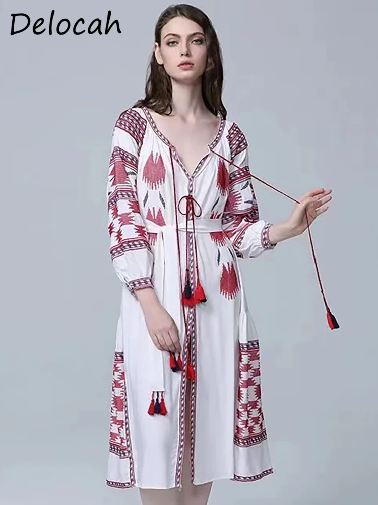 Delocah High Quality Spring Women Fashion Designer Long Dress Lantern Sleeve Lace up With Belt Safflower Printed Loose Dresses