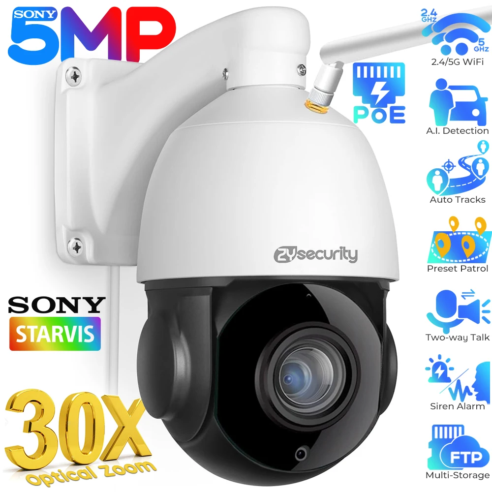 

5MP 30-кратный оптический зум Wi-Fi PTZ IP-камера Sony Датчик Открытый Обнаружение людей/транспортных средств Автоматическое отслеживание PoE Камера безопасности 80M ИК Ночь