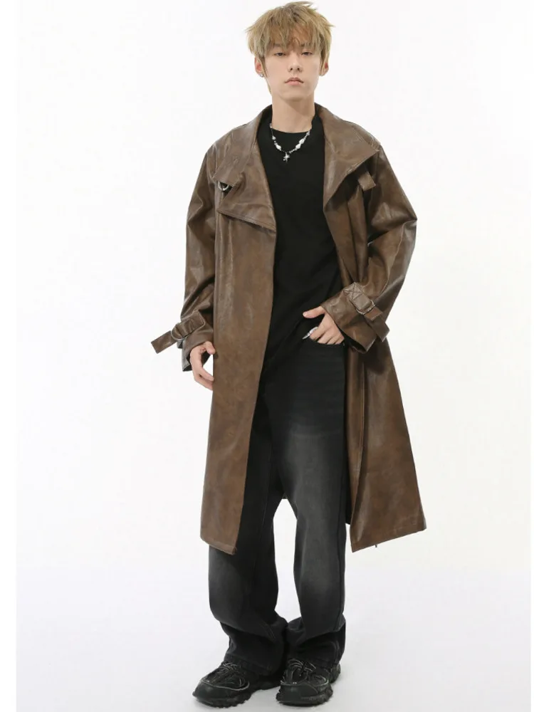 SYUHGFA Korean Style Men's Windbreaker Casual PU Leather Solid Color Thickened Overknee Male Long Coat Chic 2024 Autumn Winter